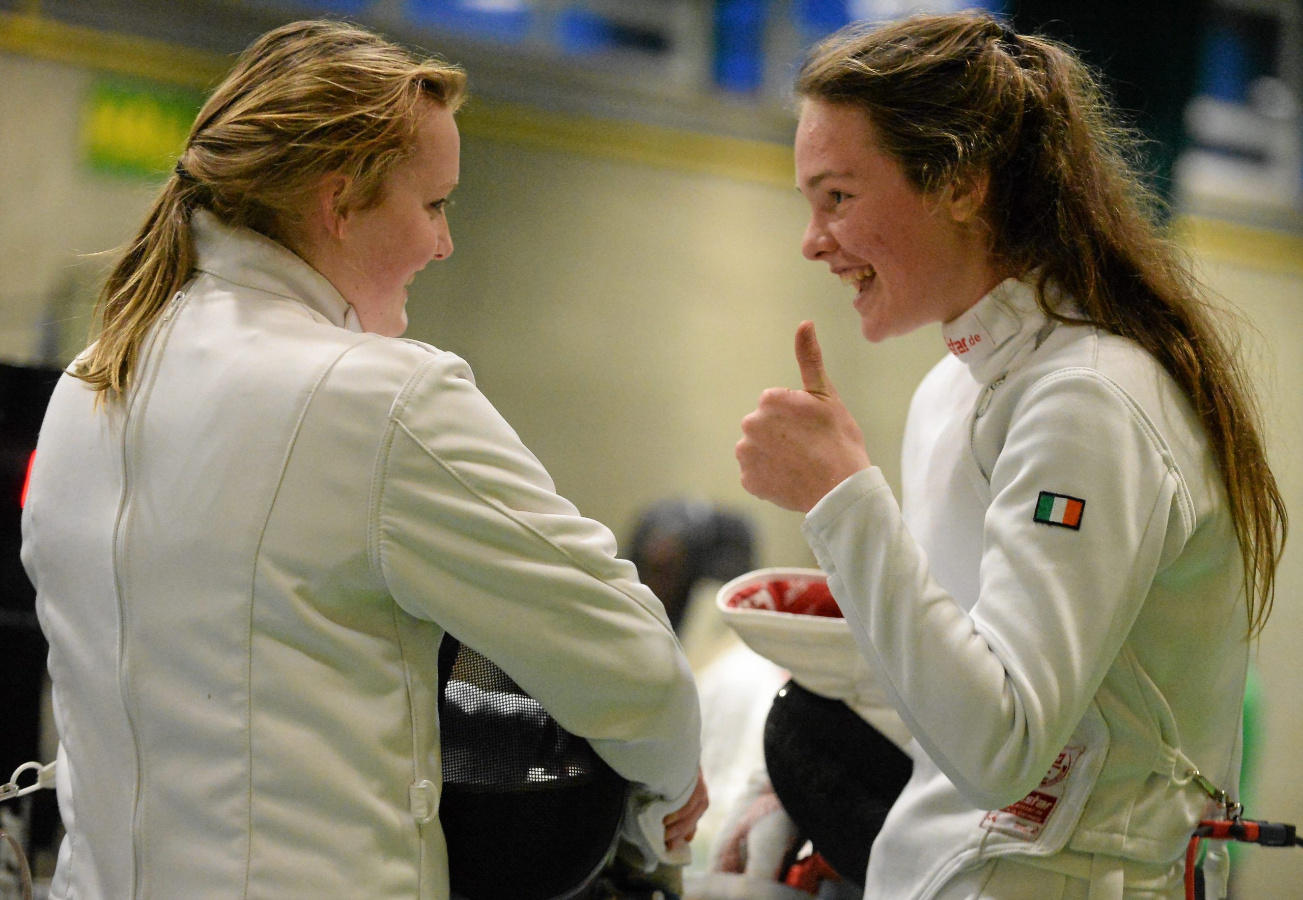 Irish Open Fencing Championships 28 November 2015; Roisin Duggan McSweeney, Ireland, and Sophie Lowe, Ireland, after their contest in the Irish Open Fencing Championships. Loughlinstown Leisure Centre, Dun Laoghaire, Co. Dublin. Picture credit: Cody Glenn / SPORTSFILE *** NO REPRODUCTION FEE ***
