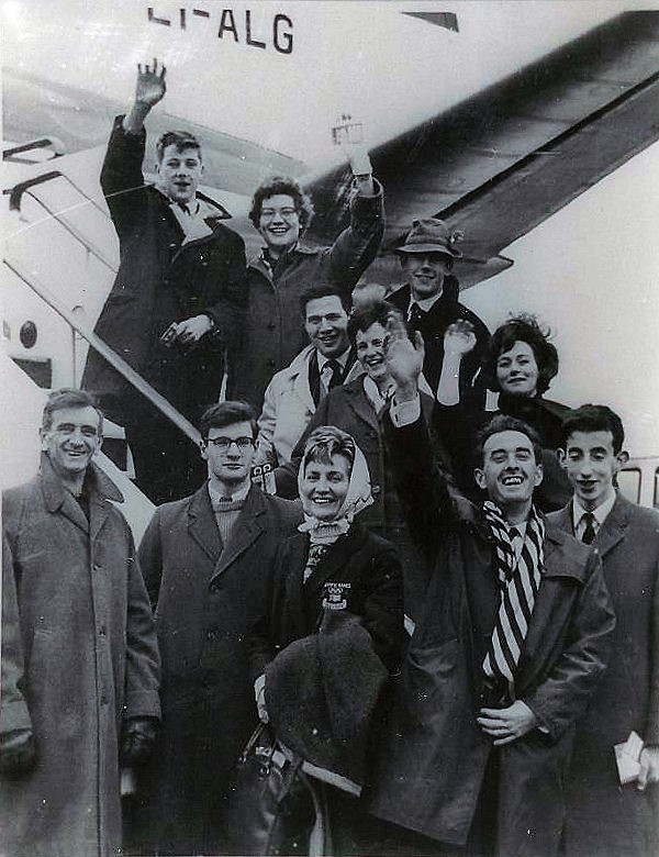 Flight to Gent - The Flight to Gent…Some of our more established members heading off to Belgium to the U20 World Championships in 1963. From the back: John Boucher-Hayes and Frances Alexander
Martin Simmons, Nuala Parker, Ricky Robinson and Ethel Elliman
Prof Paddy Duffy, Vernon Armstrong, Shirley Armstrong, Vincent Duffy, Michael Ryan